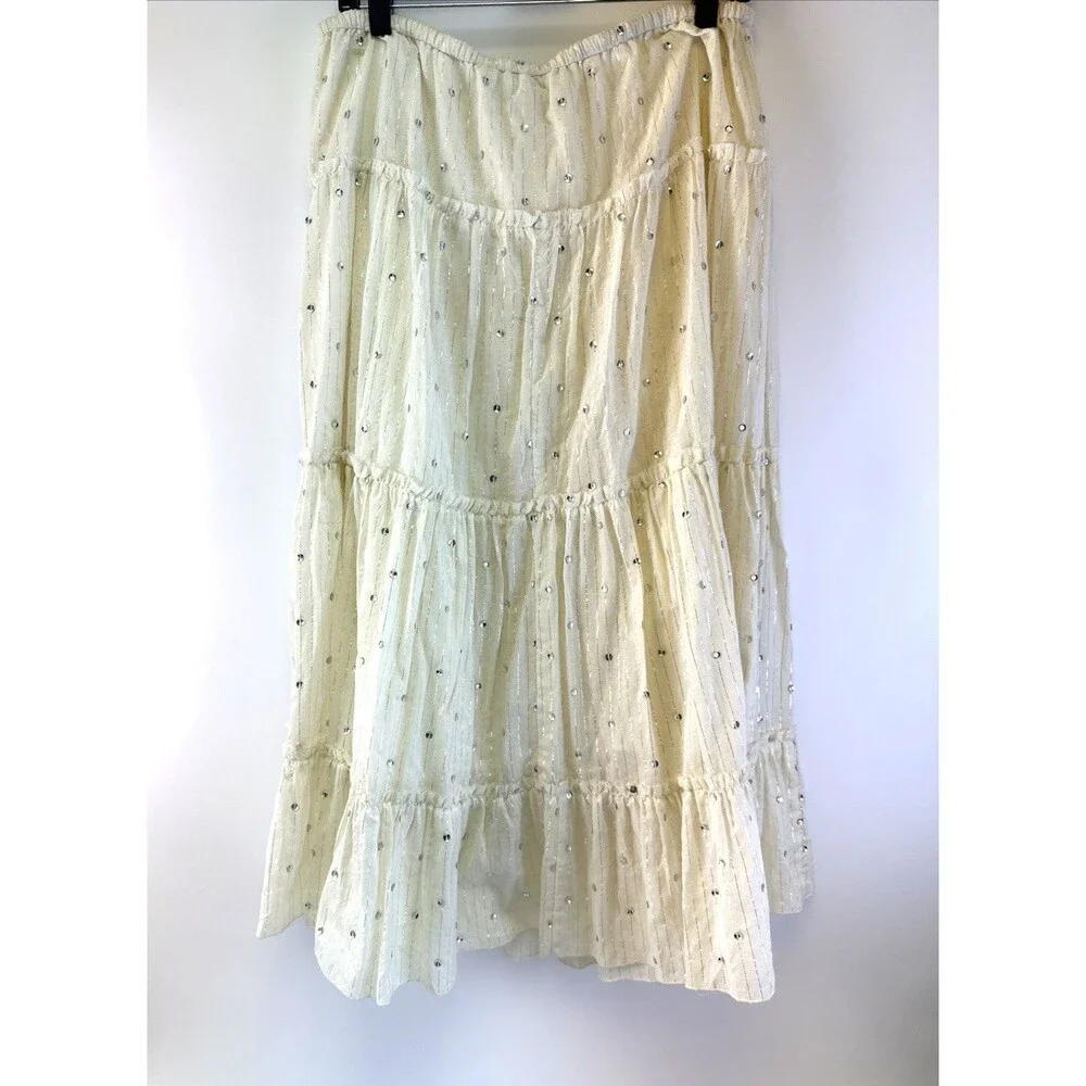J Jill Tiered Maxi Skirt Sequins Ivory Drawstring Whimsey Cottage Fairy Petite M